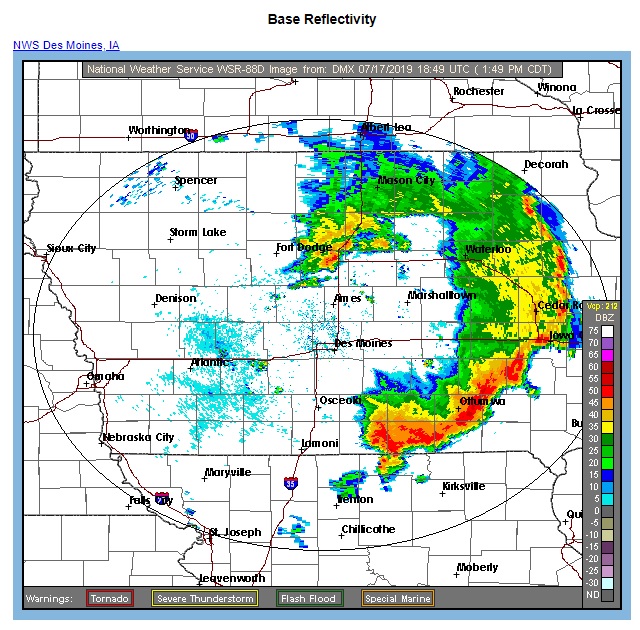 Screenshot of NWS Radar from Des Moines, IA