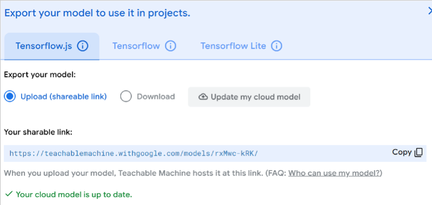 Exporting Teachable Machine model with sharable link
