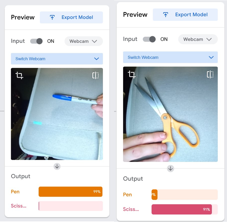 Preview of pen vs scissors classification with percentages