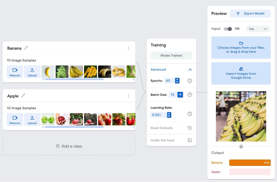 Teachable Machine bananas vs apples example