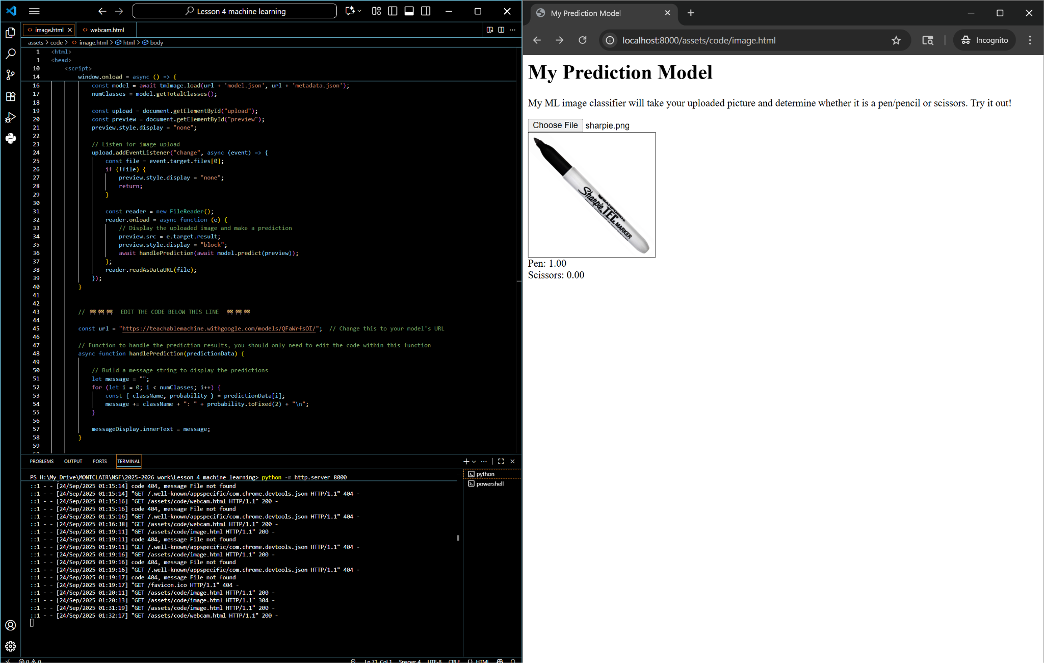VS Code and web browser side by side showing ML prediction